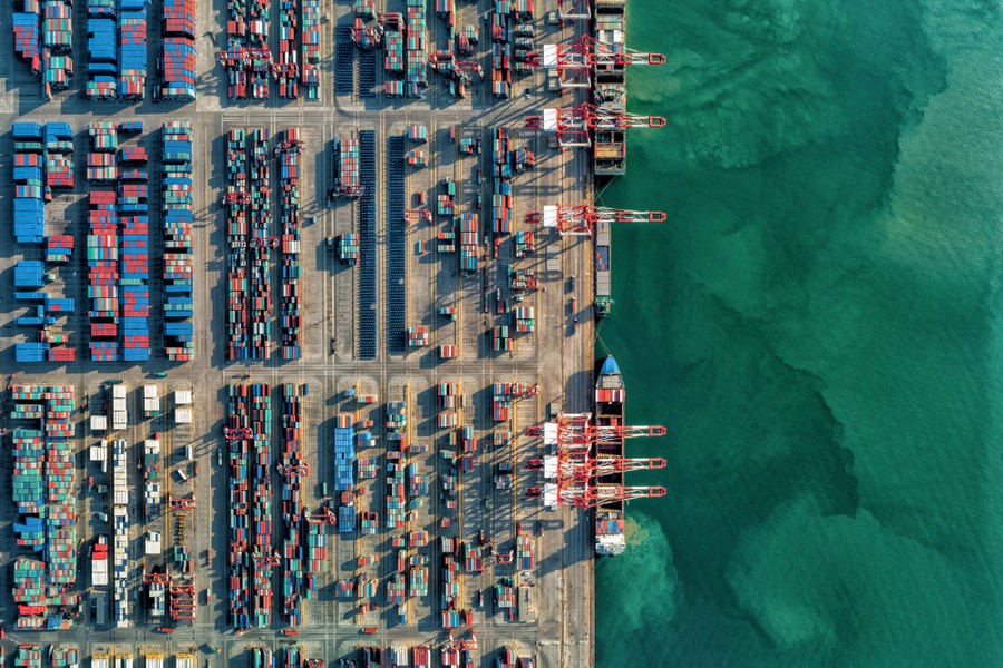 An aerial view of a cargo-dock area
