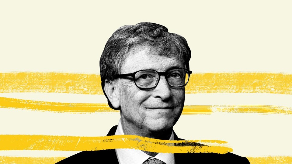 A black-and-white portrait of Bill Gates with yellow streaks behind him