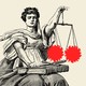 An illustration of Lady Justice holding up two coronavirus cells on the scales of justice