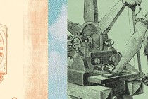 Image of a man in bed next to an image of a man working with a machine