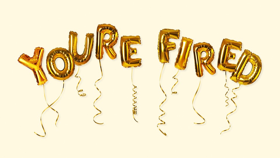 An illustration of gold balloons spelling "YOURE FIRED"