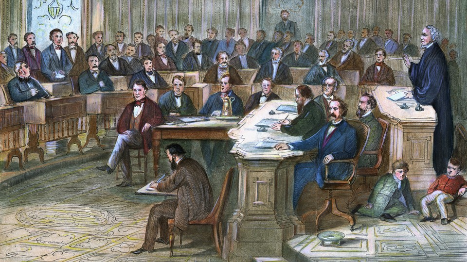 Engraving depicting a courtroom scene during the 1868 impeachment of Andrew Johnson.