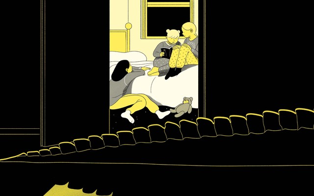 An illustration shows three girls chatting on a bed, framed by a doorway. Outside the door is a crocodile's tail.