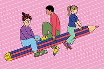 Illustration of three people riding a blue-and-red striped pencil like it's a rocket ship. The eraser is a smiley face.