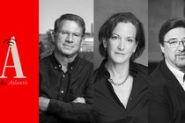 Jeffrey Goldberg, Anne Applebaum, and Tom Nichols with Radio Atlantic logo