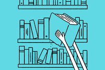 illustration of long arms reaching up to pull a very thick book off a crowded shelf, on blue background
