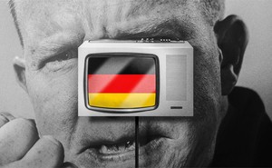 Illustration of an angry man whose face is obscured by a television displaying the German flag