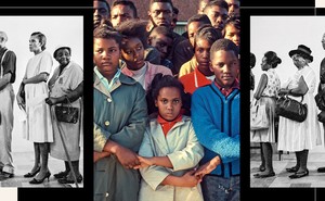 1965 color photo of young people protesting voting rights with black and white photo of voting line