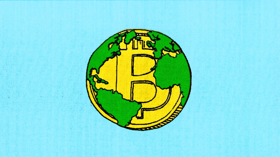An illustration of the bitcoin symbol as the Earth, with green landmasses in the shape of the continents