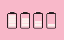 Illustration showing a sequence of four batteries, each less charged than the one before, against a pink background
