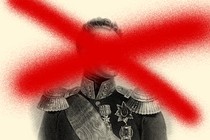 An illustration of a Russian tsar with a red 'X' spray-painted across his face