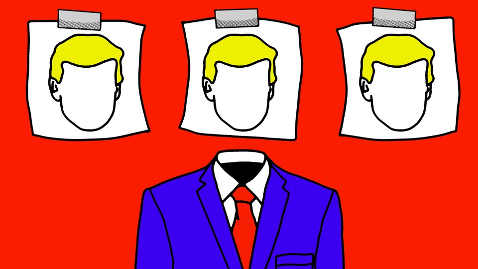 A cartoon illustration of an empty suit with three pieces of paper imprinted with photos of a blond man taped overhead.