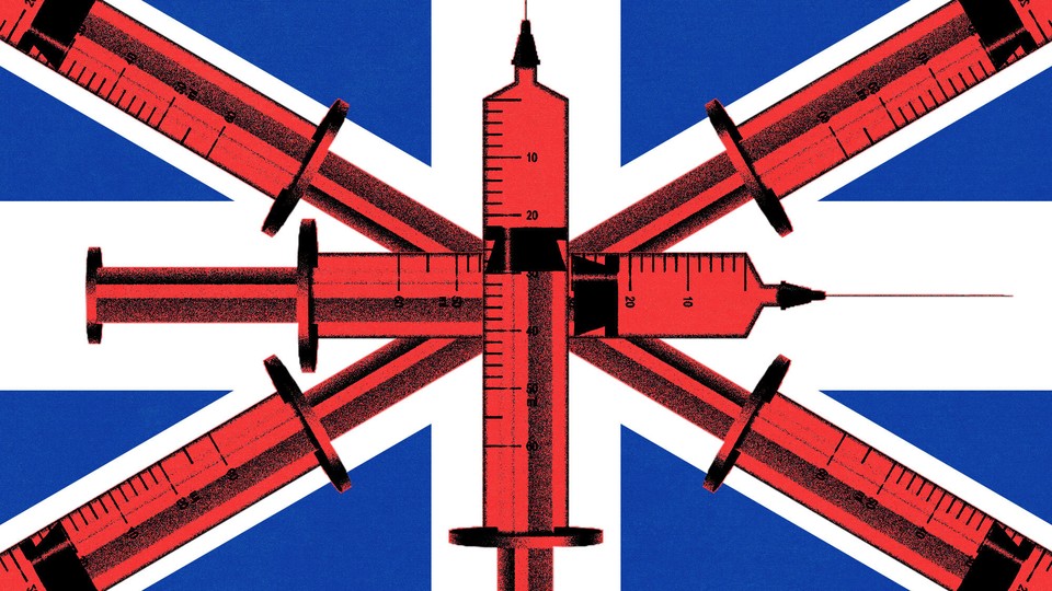 A stylized British flag, with syringes through the middle.