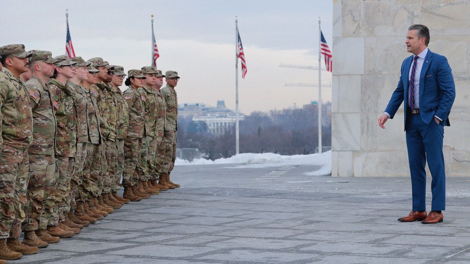 An image of Pete Hegseth speaking to a group of military personnel