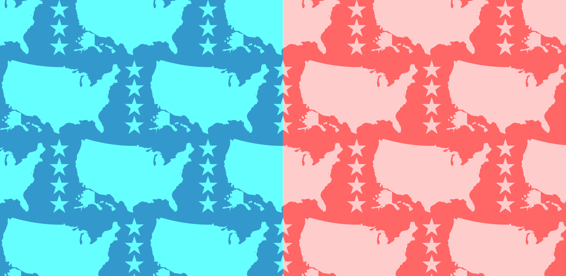 An outline of the United States, repeated in a pattern, with four stars between each outline. The left half is blue, and the right half is red.