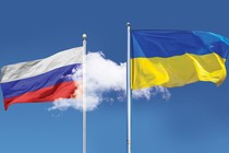 Illustration showing a flag of Russia covered by a cloud and a flag of Ukraine that is not