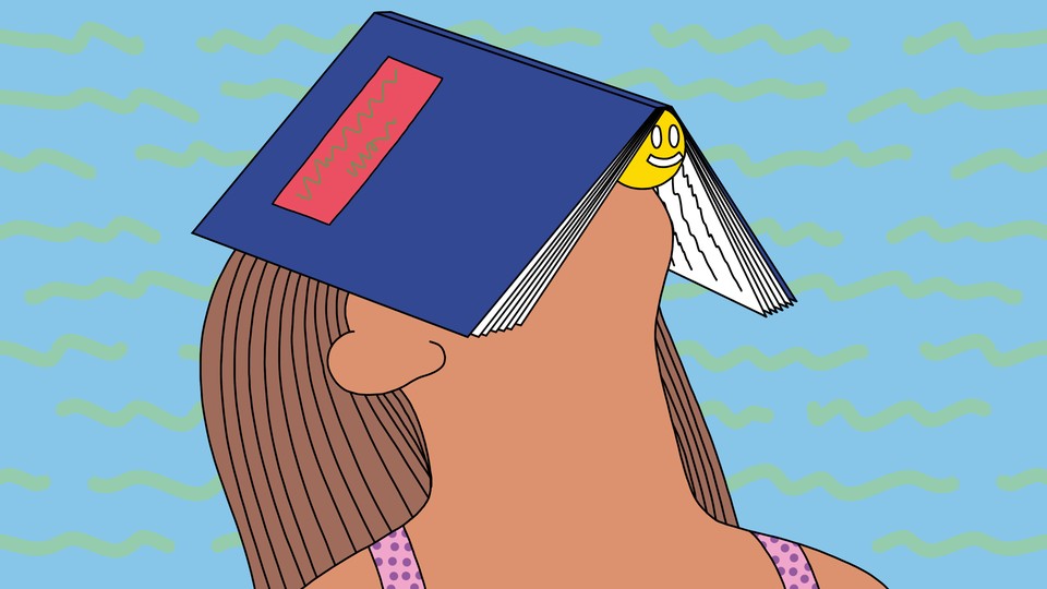 An illustration of a woman leaning her head back with a book open over her face.