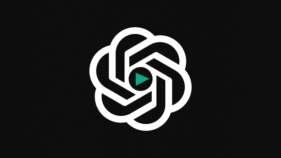 A graphic of the white OpenAI logo on a black background, with a green "play" button in the middle.