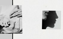 A black-and-white photo collage of hands and the lower half of a face, and its shadow, in profile