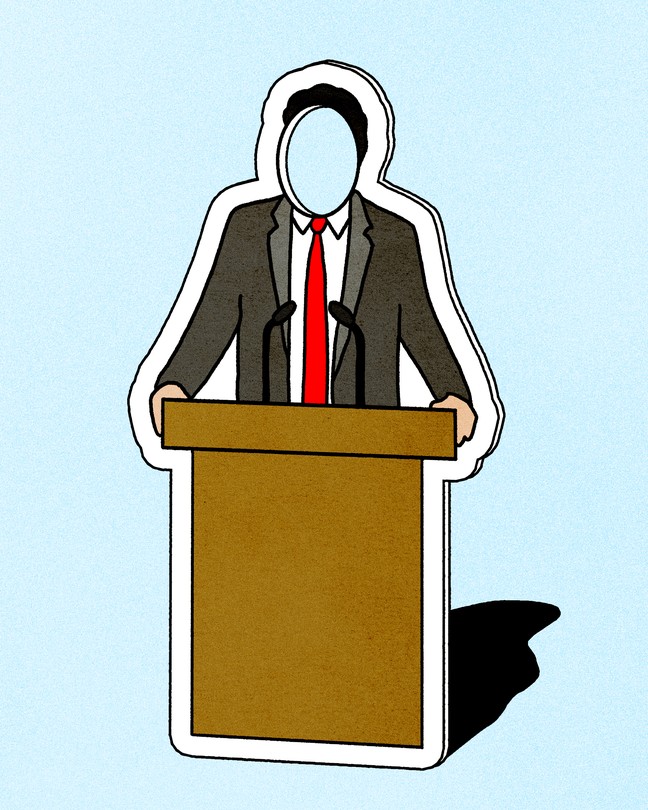 A paper cutout of a suited man at a podium, whose face is cut out of the paper, on a light blue background