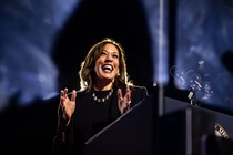 Kamala Harris smiling during a speech