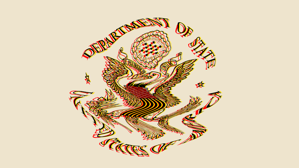 A distorted illustration of the State Department seal