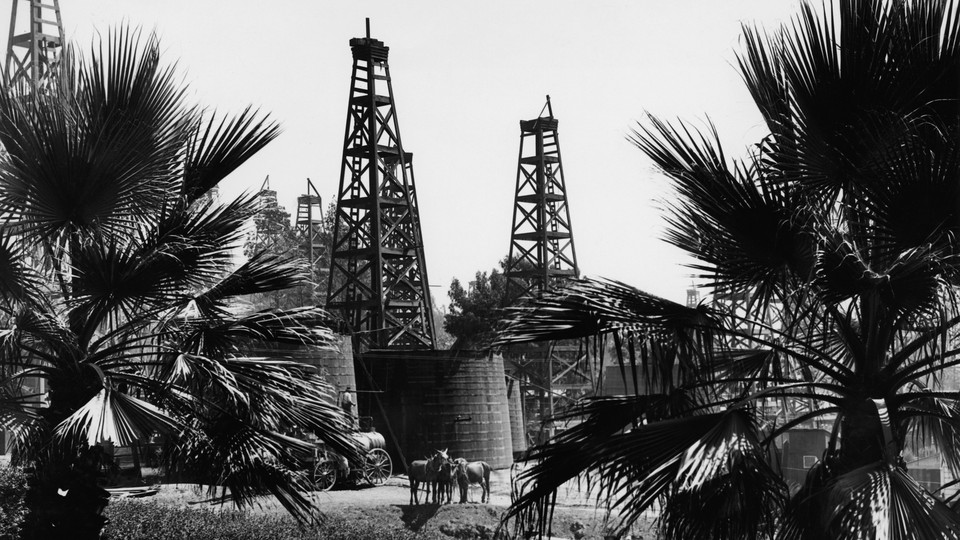 Horses stand beneath oil derricks and palm trees in this black-and-white photo of Los Angeles, California.