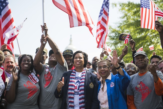 Mayor Muriel Bowser, and Del. Eleanor Holmes Norton, D-D.C., right, conduct a rally on Pennsylvania Avenue, NW, with 51 military veterans ahead of this weeks House Oversight and Reform Committee hearing on a bill that would make D.C. the 51st state, on Monday, September 16, 2019.