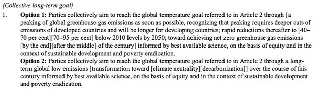 This excerpt reads: “1. Option 1: Parties collectively aim to reach the global temperature goal referred to in Article 2 through [apeaking of global greenhouse gas emissions as soon as possible, recognizing that peaking requires deeper cuts ofemissions of developed countries and will be longer for developing countries; rapid reductions thereafter to [40–70 per cent][70–95 per cent] below 2010 levels by 2050; toward achieving net zero greenhouse gas emissions[by the end][after the middle] of the century] informed by best available science, on the basis of equity and in thecontext of sustainable development and poverty eradication.Option 2: Parties collectively aim to reach the global temperature goal referred to in Article 2 through a longtermglobal low emissions [transformation toward [climate neutrality][decarbonization]] over the course of thiscentury informed by best available science,”