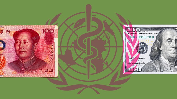 A picture of money from the United States and China on top of the WHO emblem.