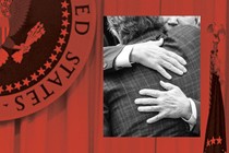 Collage of Hunter Biden and Joe Biden embracing with the presidential seal in the background tinted red