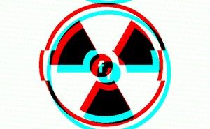 The Facebook logo in the center of a radiation warning symbol
