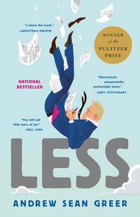 The cover of Less, featuring a cartoon white man falling through clouds.