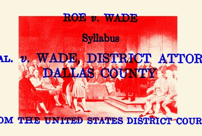 The blue text of Roe v. Wade set over a red-hued painting of the Founding Fathers.