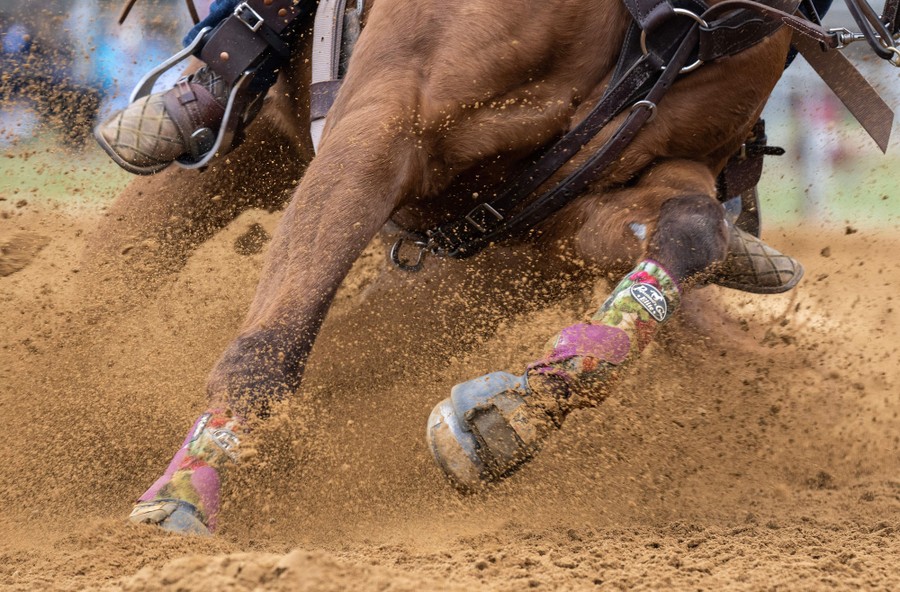 A close view of a horse making a sharp turn while running through dirt.