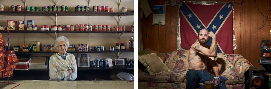 Diptych: left; an older woman stands arms crossed at a store counter with shelves of canned goods behind her. Right; a man flexes his muscles sitting on a floral couch with a beer and a Confedarate flag behind him.