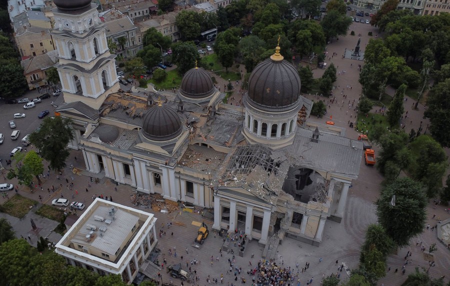 An aerial view of a bomb-damaged cathedral in Ukraine