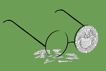An illustration of a broken pair of spectacles bearing the Federal Reserve's symbol where the lenses would be