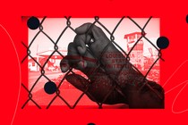 Illustration showing hand holding chain link fence.
