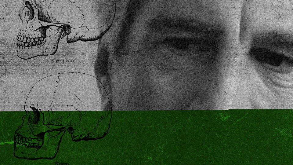 A black-and-white photograph of Jeffrey Epstein's face with a green line at the bottom and sketches of skulls on the left, alluding to phrenology