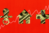 A $100 bill cut into shapes—a pacifier, a house, a plus sign—against a red background and skyrocketing line graph