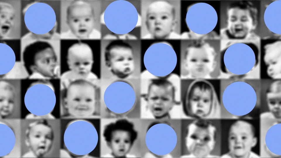 Pictures of babies in a grid layout. Some babies have their face obscured by a light-blue dot.