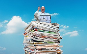 A photo illustration of Pope Francis on top of a stack of newspapers.