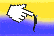A moving photo illustration of a computer finger cursor dangling Vladimir Putin from his collar, over a blurred background of the Ukrainian national flag