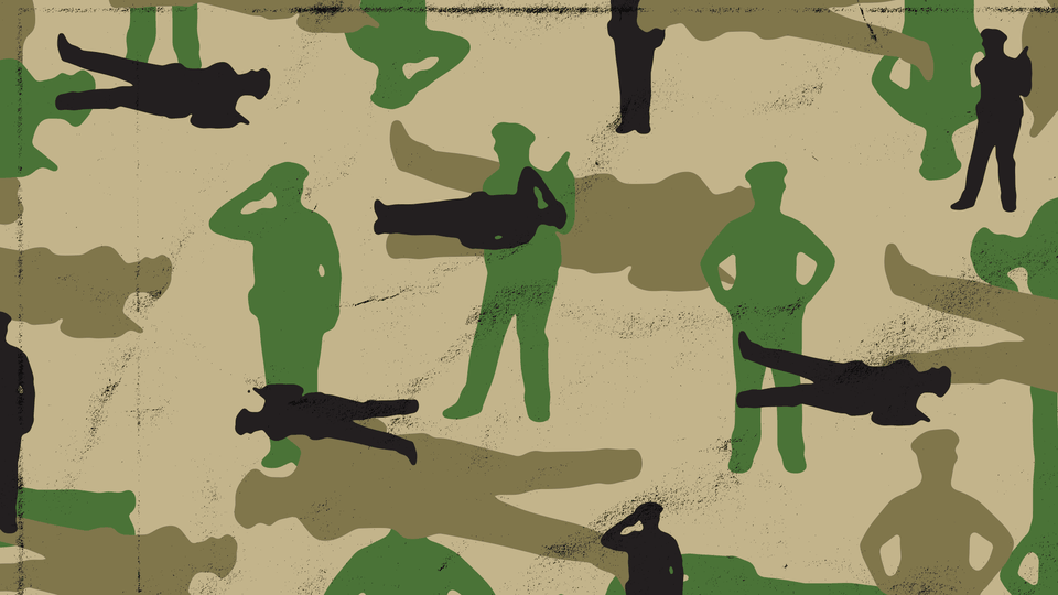 Silhouettes of police officers in an Army-fatigues color scheme