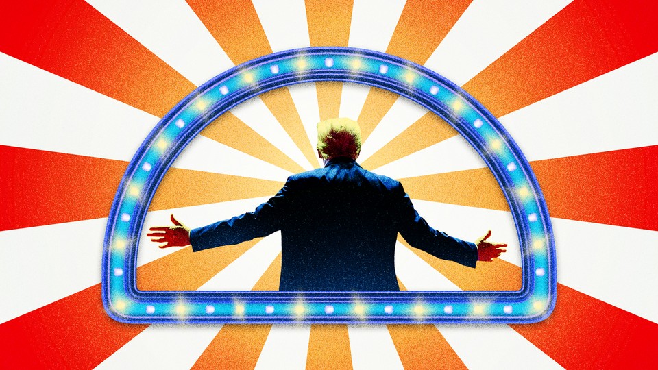 An illustration of Donald Trump with arms outstretched and an animated “iron dome” around him.