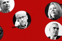 Circle cut-outs of black-and-white photos of Debbie Lesko, Patrick McHenry, Brad Wenstrup, and Victoria Spartz scattered on a deep-red background