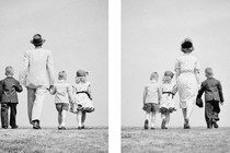 two black-and-white photos with a white strip between them; one of a father and children, the other of a mother and the same children