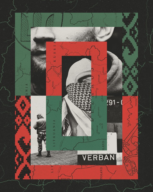 Illustration with pieces of Belarus map alternating in red and green with black and white photos of face, soldier, and volunteer in hoodie with face hidden by scarf