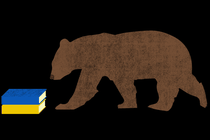 A brown bear approaching a blue book stacked on top of a yellow book against a black background